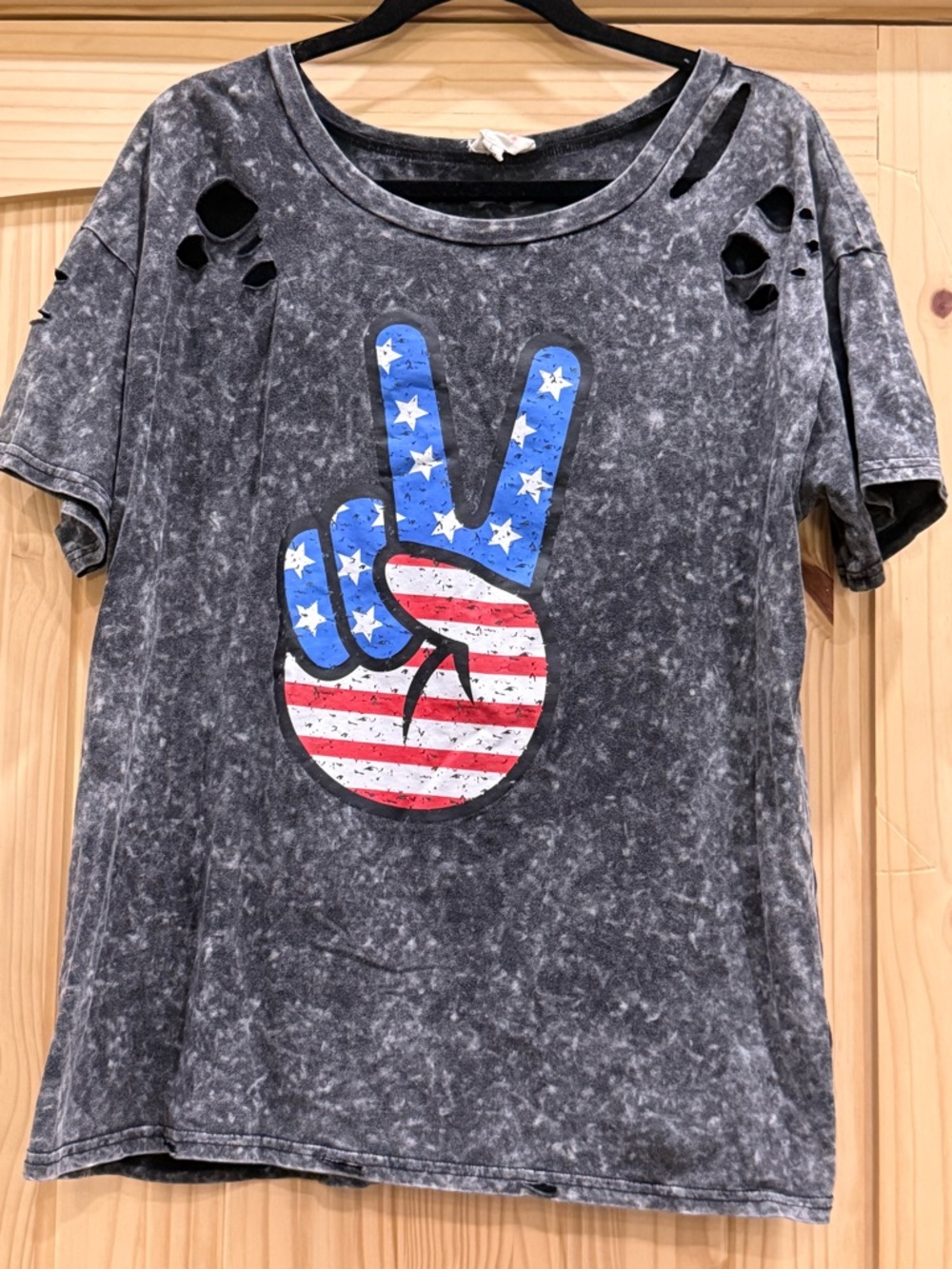Women’s Distressed Gray Graphic Tee with American Flag Peace Sign